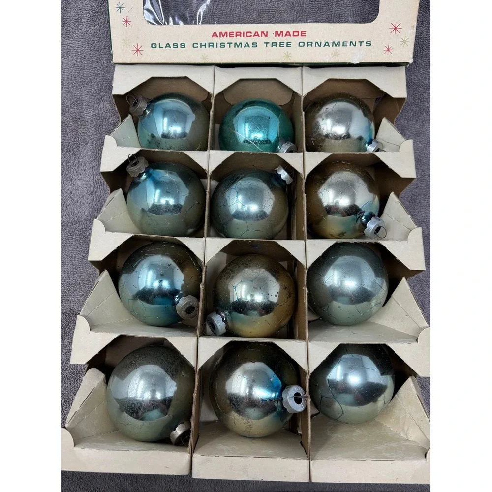 Vintage Shiny Brite Glass Ornaments Blue Silver Fair 12pc Set MCM USA Made Box